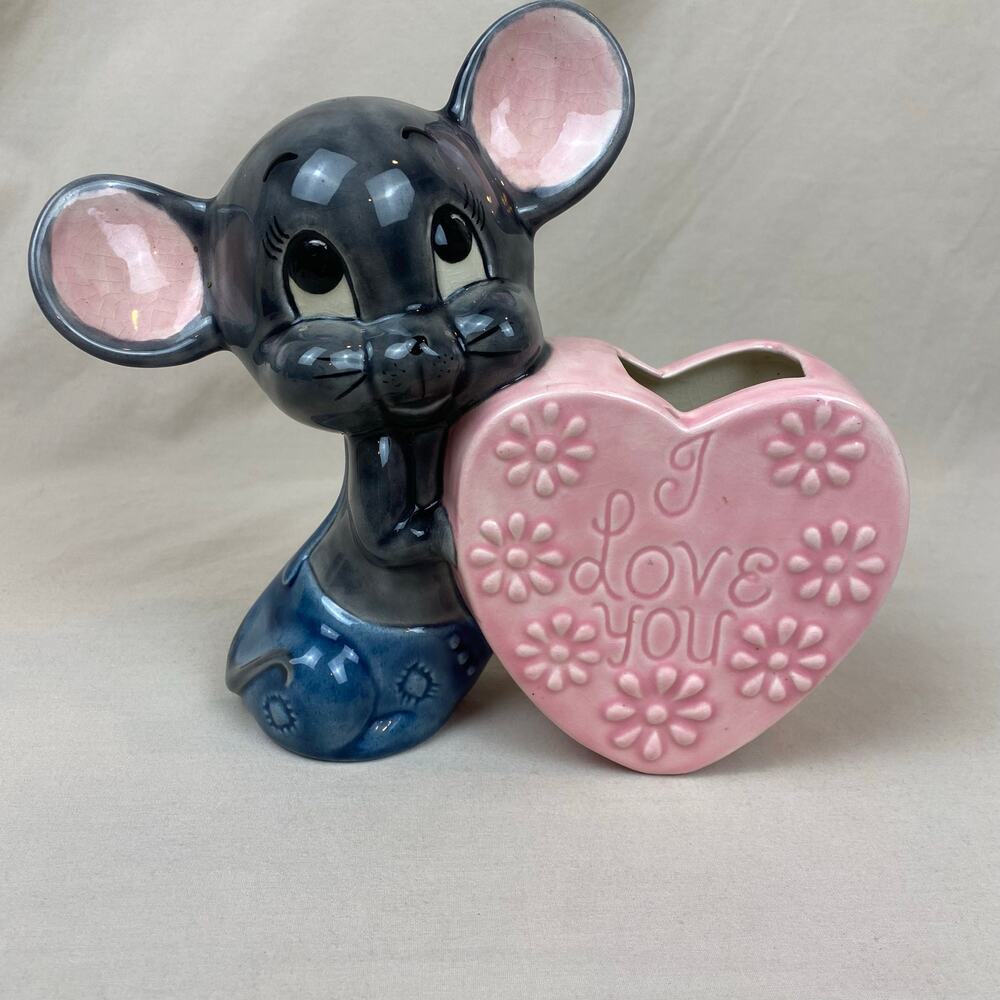 Vintage Ceramic Mouse Floral Planter Gare Whimsical Cartoon Valentines Floral